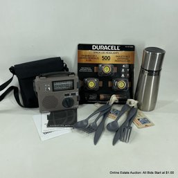 Camping Or Emergency Preparedness Kit With Headlamps, Utensils, Hand Crank Emergency Radio, Thermos