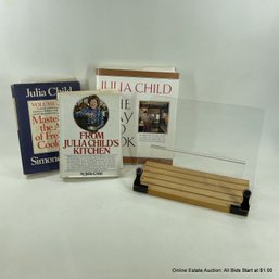 Three Julia Child Cook Books And Cookbook Holder