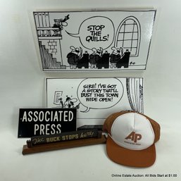 Wizard Of ID Mounted Comics With Associated Press Swag And Buck Stops Here Desk Placard