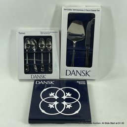 Dansk 18/8 Stainless Cheese Set, Condiment Spoons, And Danish Trivet In Original Packaging