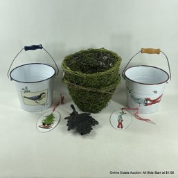 Painted Metal Buckets, Painted Metal Ornaments, Moss Covered Wire Baskets, And A Leaf Door Knocker