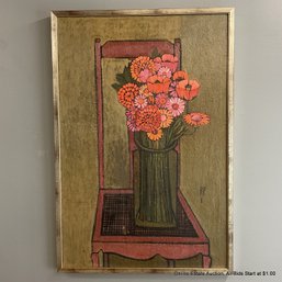 Rosalyn Gale Powell Oil On Panel Pink Flowers On Chair 1961