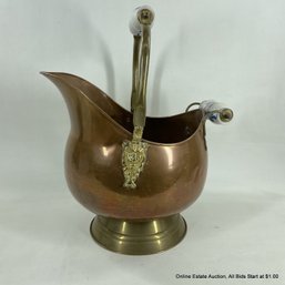 Brass And Copper Coal Bucket With Delft Handles And Lions Head Accent