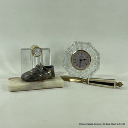 Desk Top Items Waterford Clock, Mikasa Clock, Baby Shoe, Letter Opener