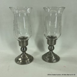 Pair Kirk Pewter And Glass Candleholders