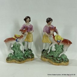 Pair Staffordshire Porcelain Girls With Deer