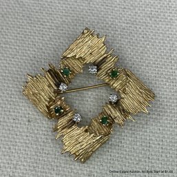 G. Finelt 14K Yellow Gold Organic Ribbon Brooch With Diamonds And Emeralds 8.05 Grams