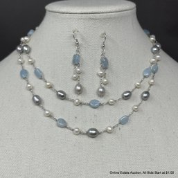 Sterling Silver Aquamarine & Pearl Necklace & Earring Set