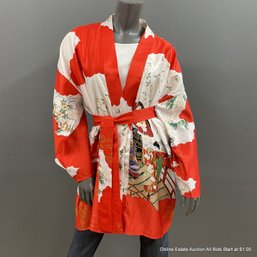 Satin Robe With Asian Motif, Has Belt And Snap Closure