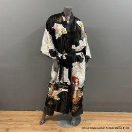 Satin Robe With Asian Motif And Belt, Size XXL