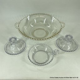 Beaded Glass Serving Ware And Etched Tapered Candle Holders