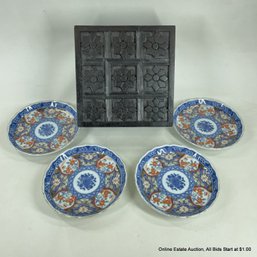 Four Imari Ware Japanese Porcelain Plates With Carved Box