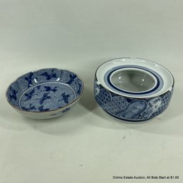 Cobalt Blue & White Japanese Bowl & Vintage 1980s Chinoiserie Blue And White Round Ashtray