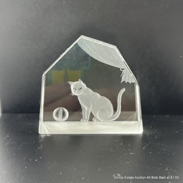 Etched Crystal Cat Design Paperweight Signed