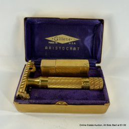 Gillette Aristocrat Safety Razor In Gold Tone Metal Case Very Nice Condition