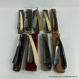 Lot Of 9 Vintage Straight Razors To Include Carlsbad Colonial Lecoultere In Wood Or Paper Coffin Cases