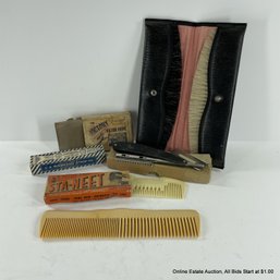 Lot Of Vintage Barber Tools Clothes Brushes Comb Razor Hone Razor Comb