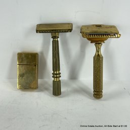 2 Gold Tone Safety Razors One Is A Gem And A Gillette Razor Case