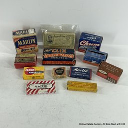 12 Vintage Razor Blade Boxes Some With Blades Marlin Playtex Chum Gem Gillette Blue Star