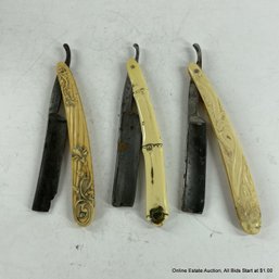 3 Celluloid Handled Straight Razors Germany Worcester Unmarked