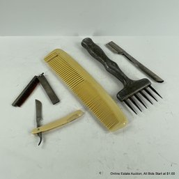 Lot Of Assorted Tools And Barber Items Tiny La Cross Straight Razor Large Comb Folding Comb