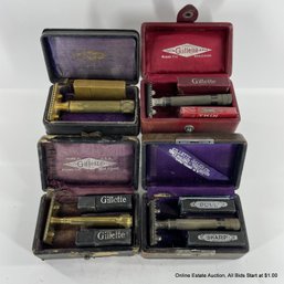 4 Gillette Vintage Safety Razors In Leather Cases With Blades And Dull Razor Holders