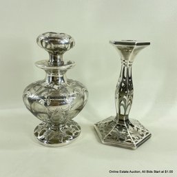 Vintage Glass Decanter And Candlestick With Sterling Silver Overlay