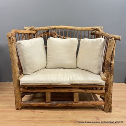 Rustic Large Folk Art Artisan Made Twig, Driftwood & Cedar Bench With Cushions (LOCAL PICKUP ONLY)