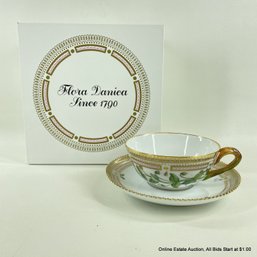 Flora Danica By Royal Copenhagen Tea Cup And Saucer In Amgallis Arvensis L. With Original Box