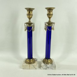 Pair Of Cobalt Blue & Gilt Bronze Candlesticks With Marble Bases