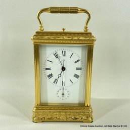 Gilded Bronze Chas. J. Gaupp Drocourt Aiguilles Engraved Carriage Repeater Clock