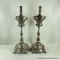 Pair Of Monumental Antique Sterling Silver Candlesticks Signed CAM 925 Likely Latin American 2969 Grams