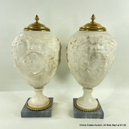 Pair Of French White Alabaster Urn Vases On Marble Bases