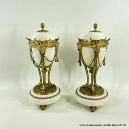 Pair Of Louis XVI -Style Gilt Bronze & White Marble Candlesticks, Late 19th Century