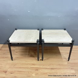 Pair Of Giati Castillo Bronzed Cast-Metal Side Tables With Travertine Stone Tops (LOCAL PICKUP ONLY)