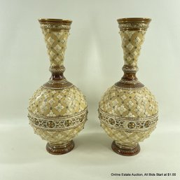 Pair Of Mettlach Villeroy & Boch Embellished Ceramic Vases