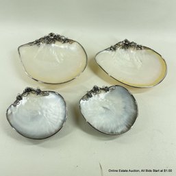 Set Of 4 Mother-Of-Pearl  & Likely Sterling Silver Caviar Plates With Precious Stone Embellishment