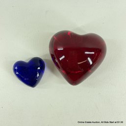 Small And Large Glass Heart Paperweights