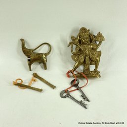 Hanuman Brass Hindu Monkey God Lock With Key And Carved Brass Elephant Lock