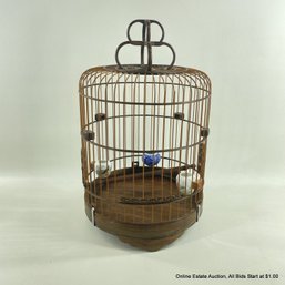 Carved Wood And Bamboo Birdcage With Painted Porcelain Bowls