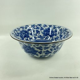 Shunzhi Qing Dynasty-Style Blue And White Decorative Porcelain Bowl With Floral Design & Metal Rim