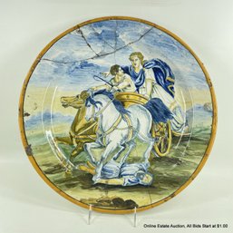 Antique Italian Earthenware Faience Charger Boy On Chariot Crushing A Man (restored) Purchased Christies 2008