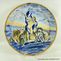 Antique Italian Earthenware Faience Charger Neptune On His Chariot, Purchased From Christies 2008