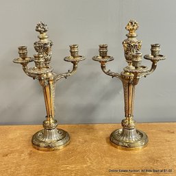 Pair Of Neoclassical-Style Candelabras With Two-Tone Silvered Bronze Finish, Signed