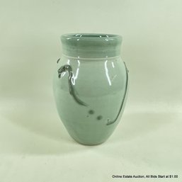 Vintage Signed Glazed Pottery Vase With Embellishments