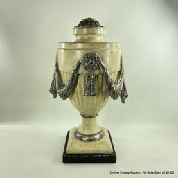 Gesso And Painted Wood Draped Urn Sculpture With Brass Medallion Cap