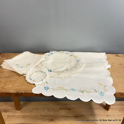 Setting For 12 Embroidered Table Linens With Table Runner, Placemats, Napkins, And Coasters