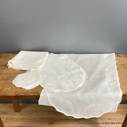 Embroidered White Table Linens With Table Runner And 12 Placemats, Napkins, And Coasters