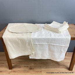 Leron Neutral Linen Tablecloth, Runner, And 12 Placemats And Napkins With Embroidered Borders