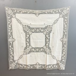 Ivory Linen Tablecloth With Embroidered And Lace Details